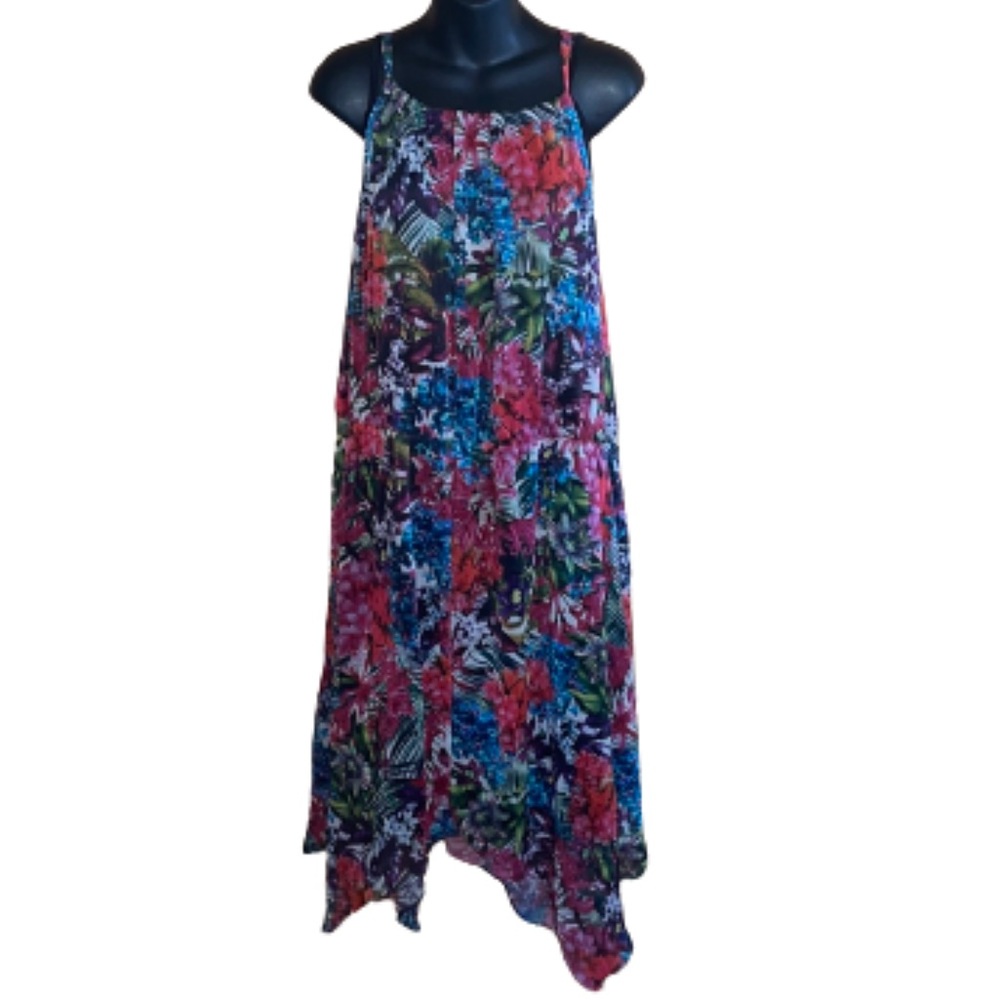 Lane Bryant black/hot pink/multi spaghetti strap asymmetric hem dress size 26/28